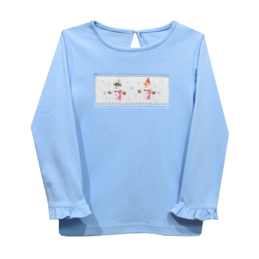 Snowman Smocked Ruffle Long Sleeve Knit Shirt
