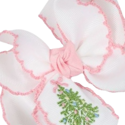 Embroidered Christmas Tree Crochet Edge Hair Bow