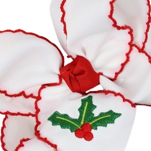 Embroidered Christmas Tree Holly Crochet Edge Hair Bow