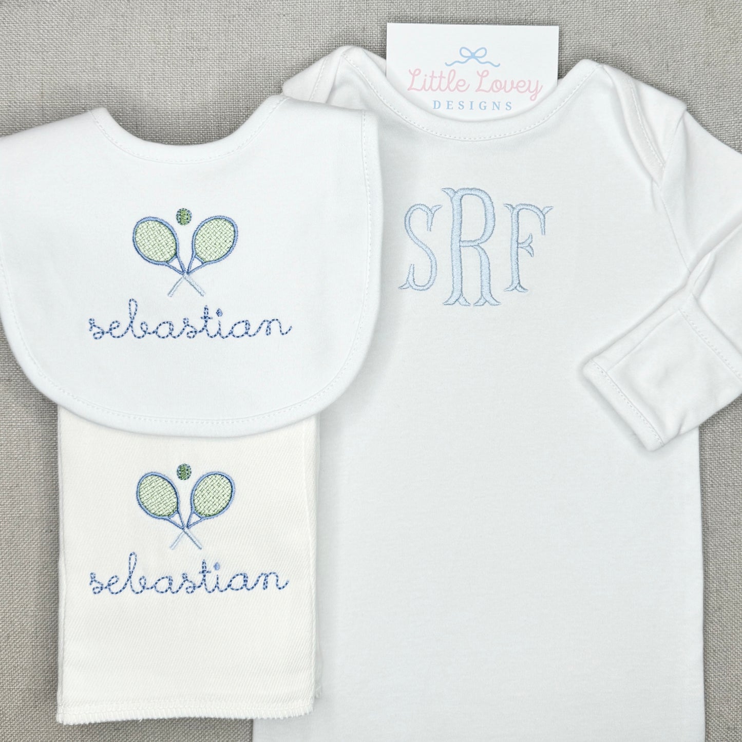 Personalized Gown, Bib, and Burp Cloth