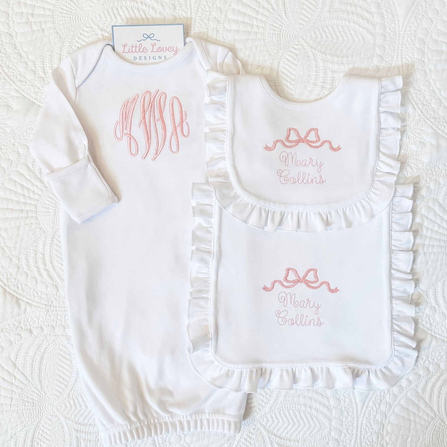 Personalized Gown, Ruffle Bib, and Ruffle Burp Cloth