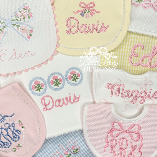 Classic Picot Trimmed Bib and Burp Cloth