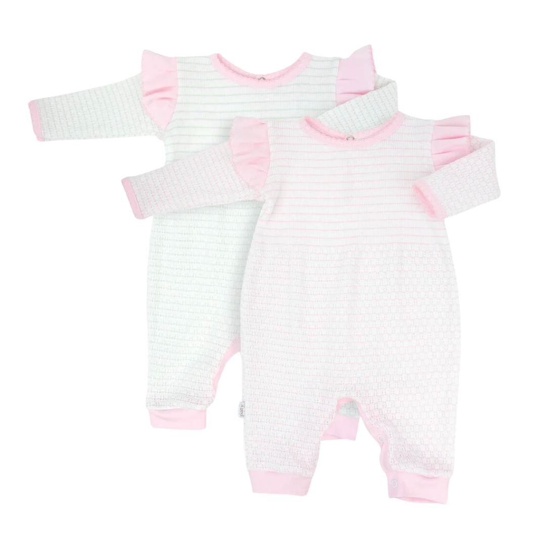 Knit Long Sleeve Pinstripe Romper with Ruffle Shoulder Trim