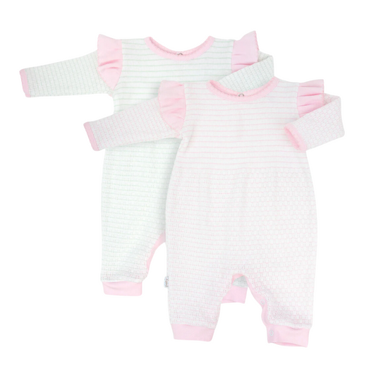 Knit Long Sleeve Pinstripe Romper with Ruffle Shoulder Trim