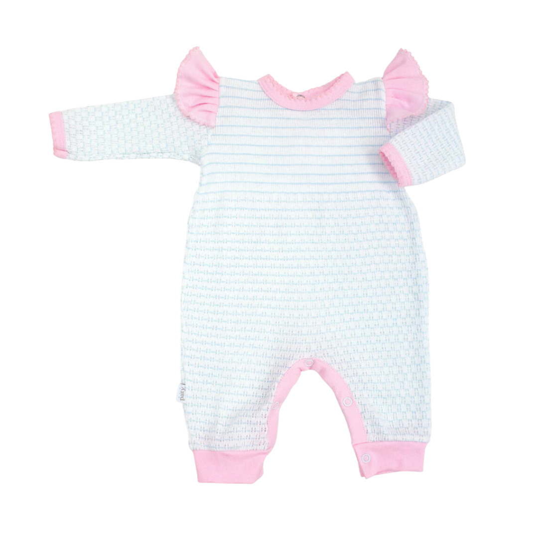 Knit Long Sleeve Pinstripe Romper with Ruffle Shoulder Trim