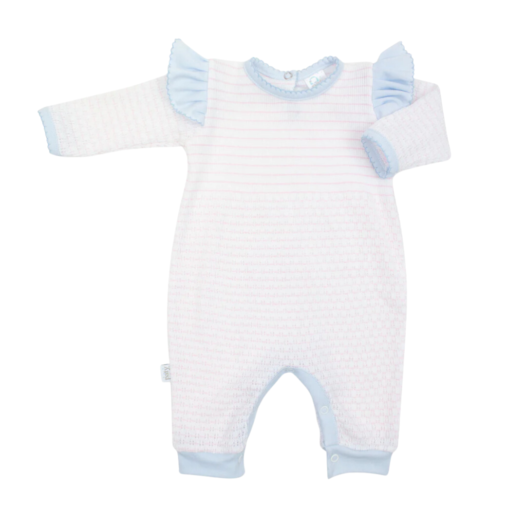Knit Long Sleeve Pinstripe Romper with Ruffle Shoulder Trim