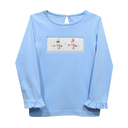 Snowman Smocked Ruffle Long Sleeve Knit Shirt