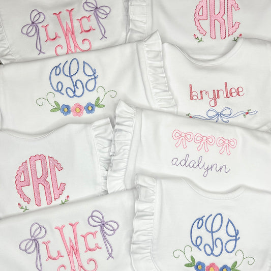 Personalized Ruffle Bib and Ruffle Burp Cloth (Any Design)