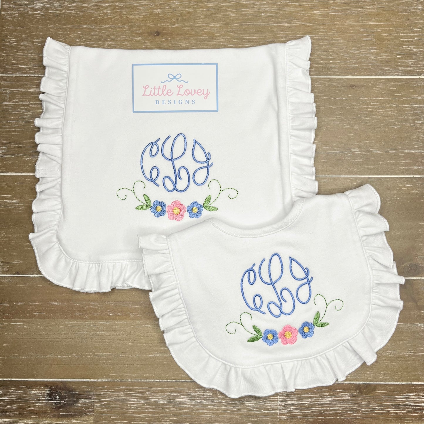Personalized Ruffle Bib and Ruffle Burp Cloth (Any Design)